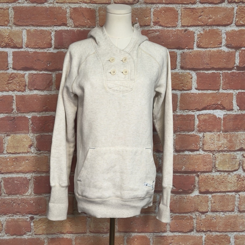 Puma Fleece Hoodie Sweatshirt Womens Size Small Cream Heathered Long Sleeve